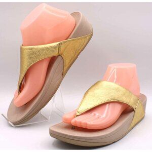 FitFlop Glitzy Lottie Thong Sandals Gold Metallic Leather Straps Womens Size 9